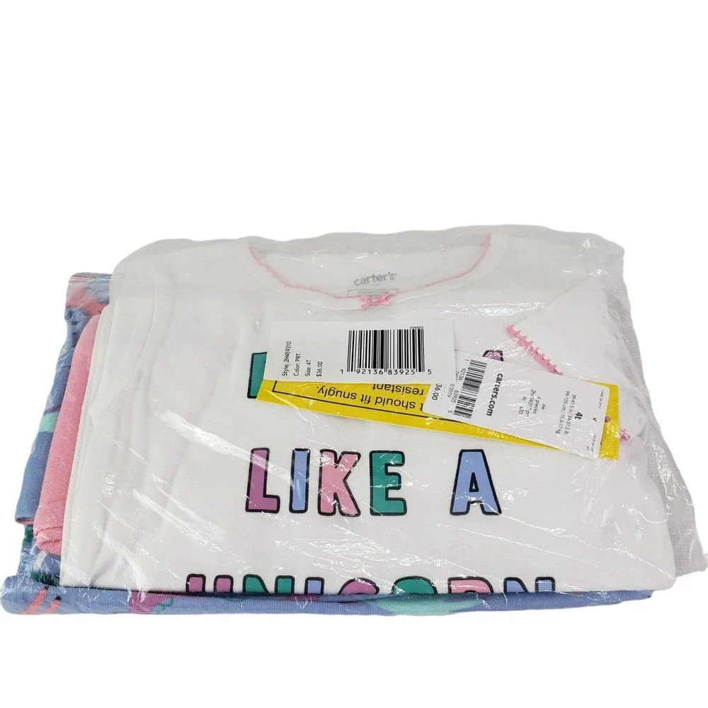 Carter's Toddler and Baby Girls' 4 Piece Cotton Pajama Set (Unicorn T 3)‎ New